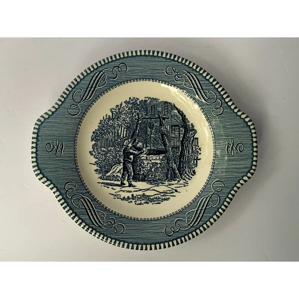 Vintage Currier & Ives Double Spouted Gravy Boat and Resting/Under Plate 1949-86